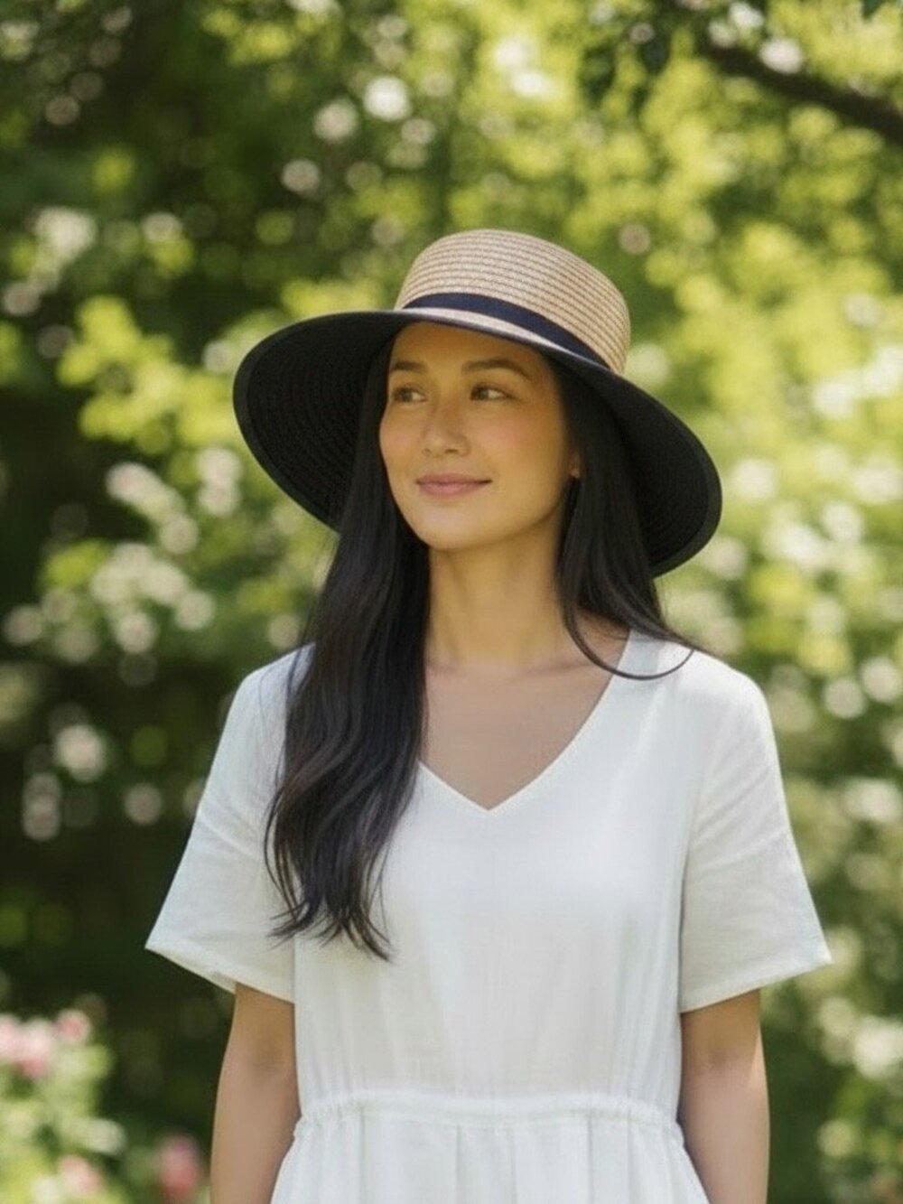 Classic Straw Sun Hat with Black Ribbon Trim and Bow, Summer Fashion, Like New